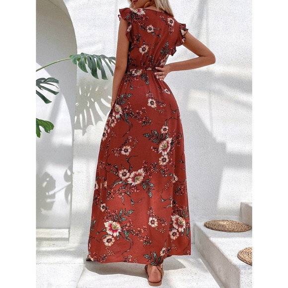 boho Floral Print Ruffle Slit Thigh maxi Dress (Without Belt) rust orange - Picture 6 of 11